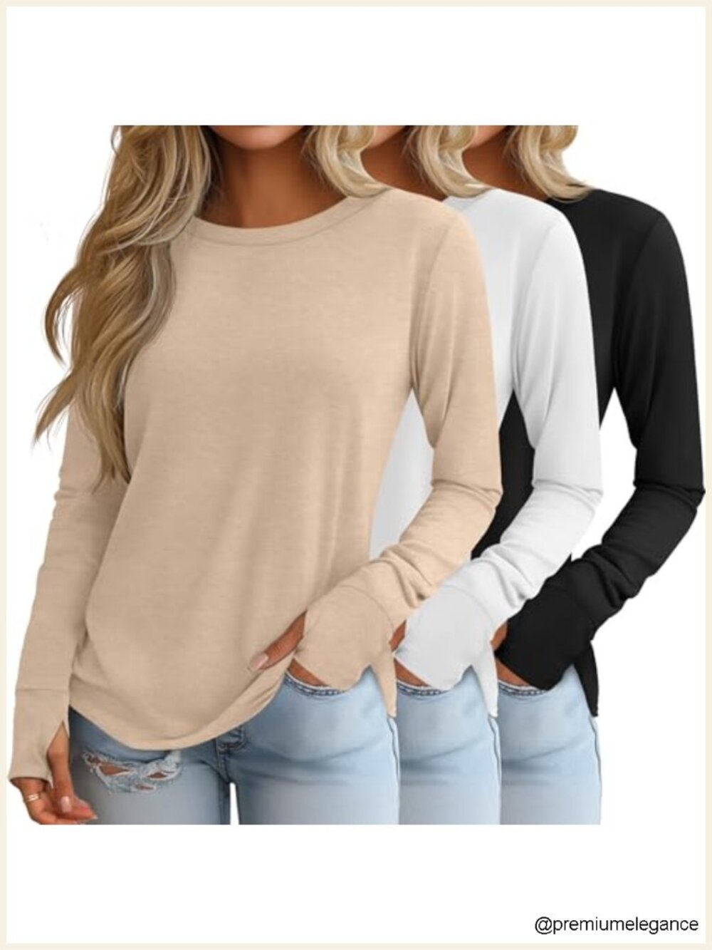 3 Pack Women's Long Sleeve Cotton Shirts With Thumb Holes - 95% Cotton Basic